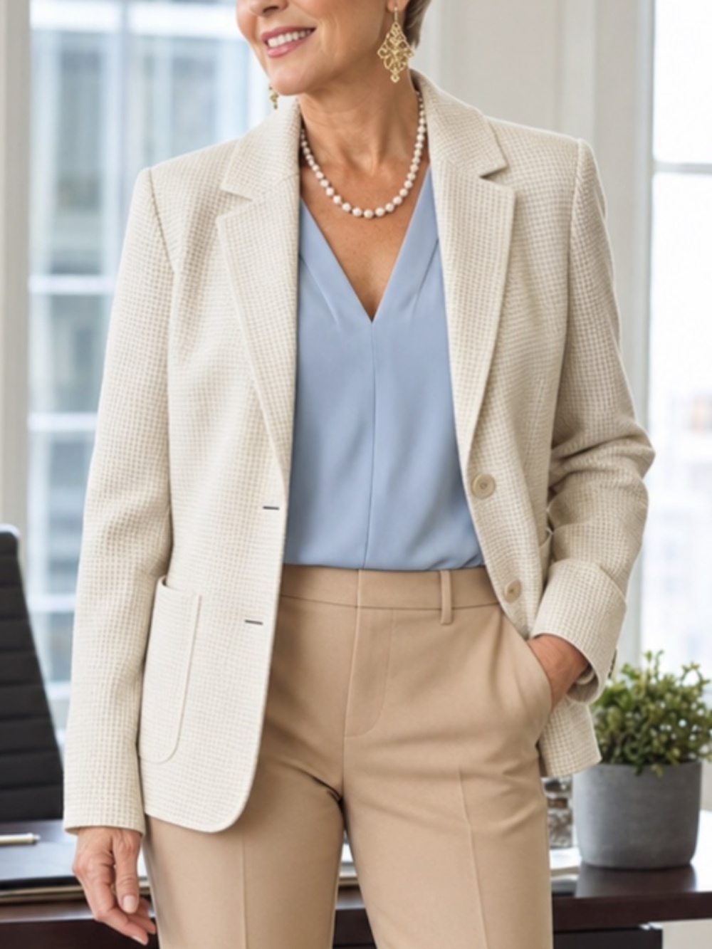 Theory | Cream Textured Two-Button Suit Blazer Jacket | Size 8 - Picture 2 of 5